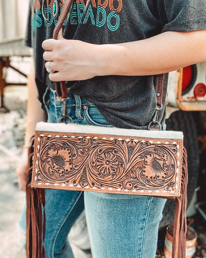 American Darling Envelope Tooled Clutch Crossbody with Fringe ADBGZ292