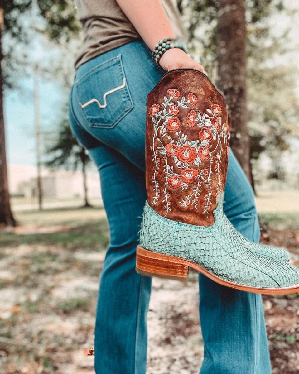 Corral Turquoise and Tan Fish Boots with Brown Floral Top A4061