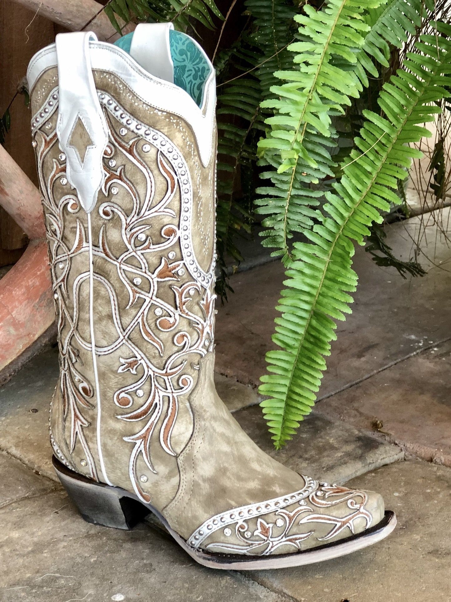 Corral White Overlay and Embroidered Studs and Crystals Boots