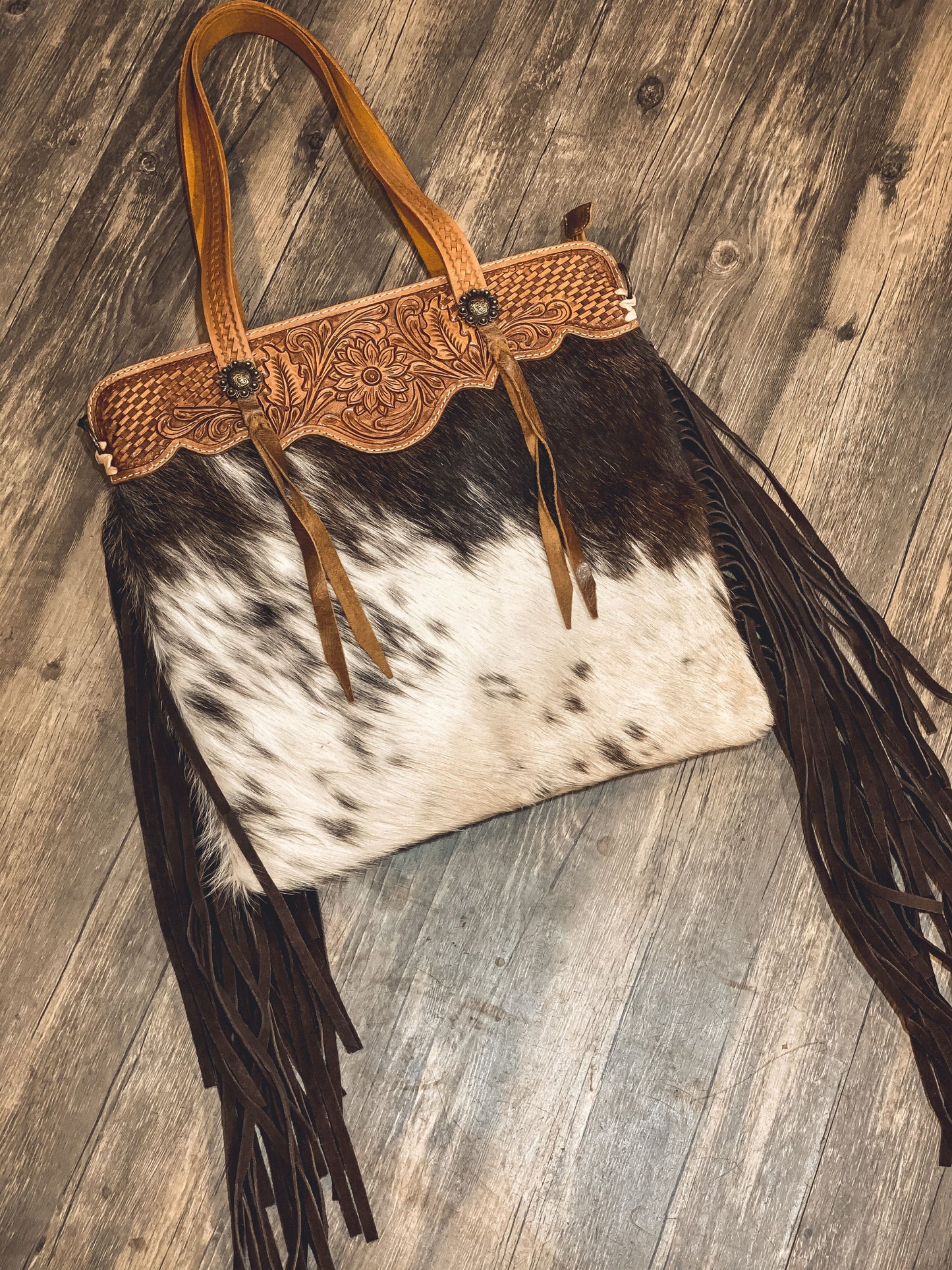 American Darling Hide and Hair Tooled Bag with Fringe