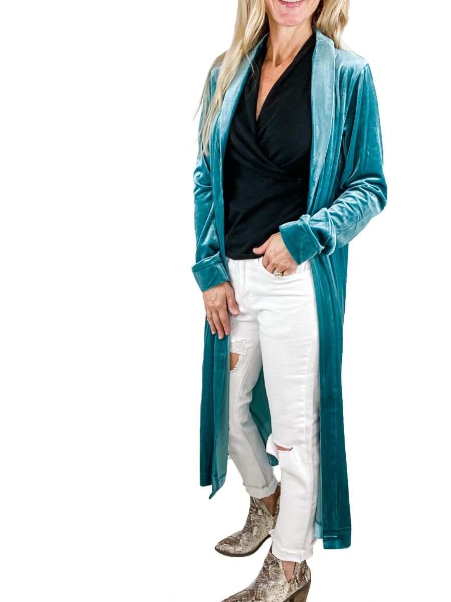 The Tate Turquoise Duster in Washed Velvet