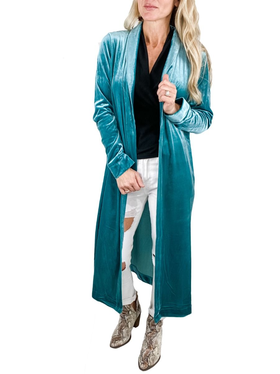 The Tate Turquoise Duster in Washed Velvet