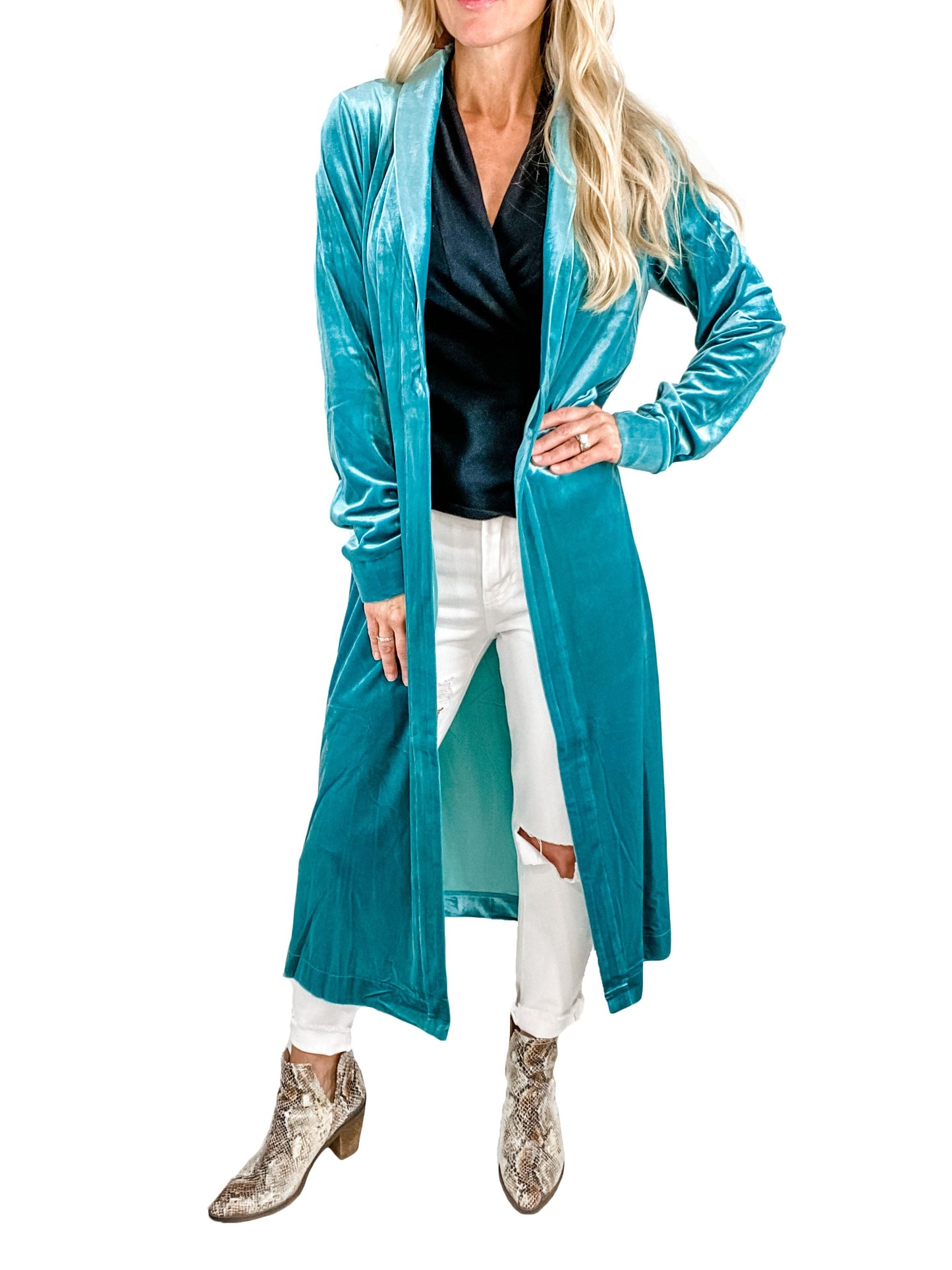 The Tate Turquoise Duster in Washed Velvet