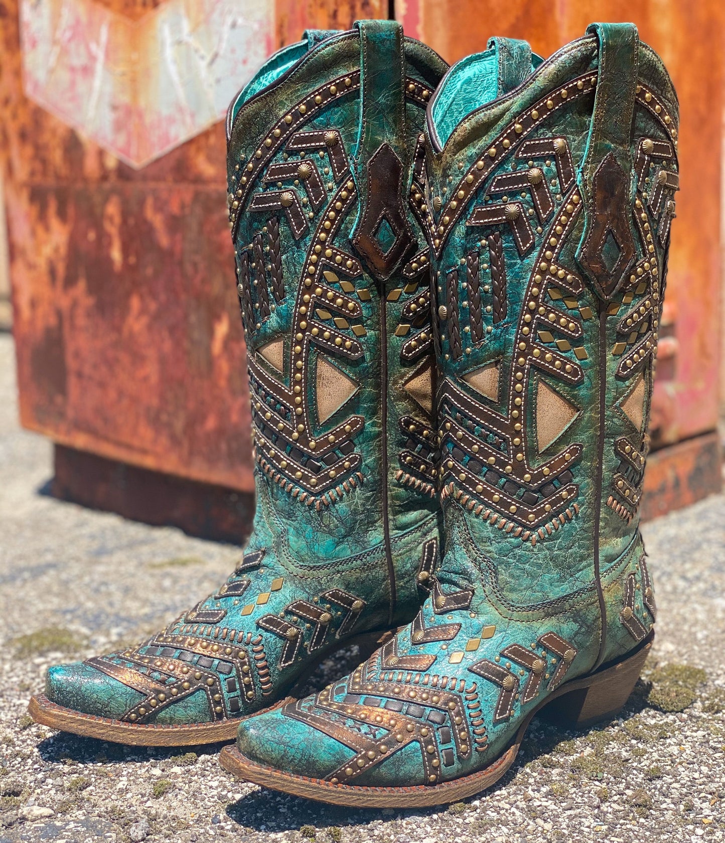 Corral Turquoise and Bronze Woven Overlay with Studs and Embellished Boots A3941