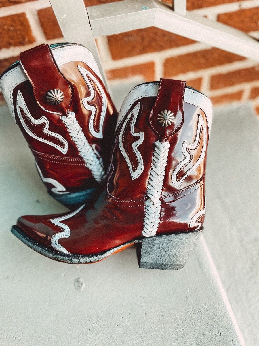 Ladies Burgundy Laser And Embroidery And Woven Ankle Boot By Corral Z0119