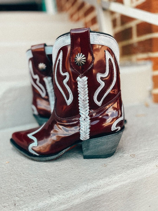 Ladies Burgundy Laser And Embroidery And Woven Ankle Boot By Corral Z0119