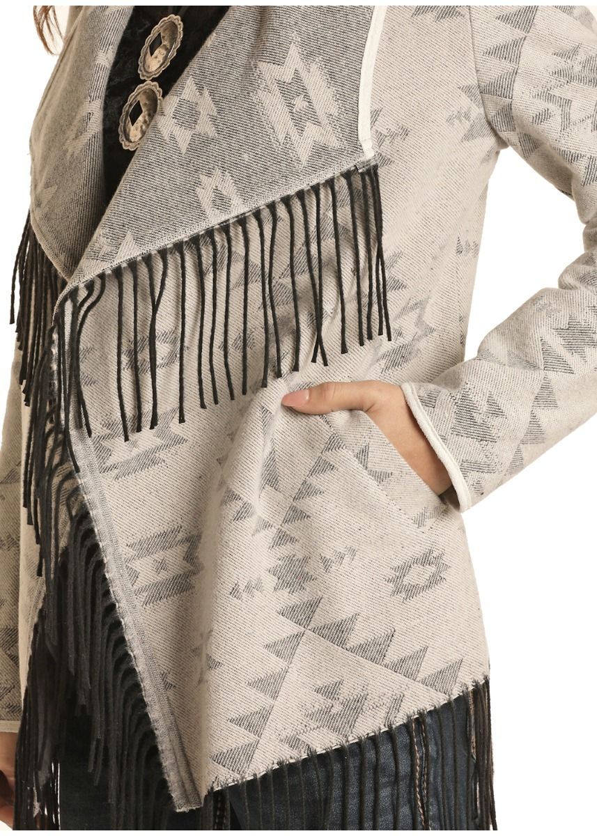 Ladies Natural Aztec Jacquard with Fringe