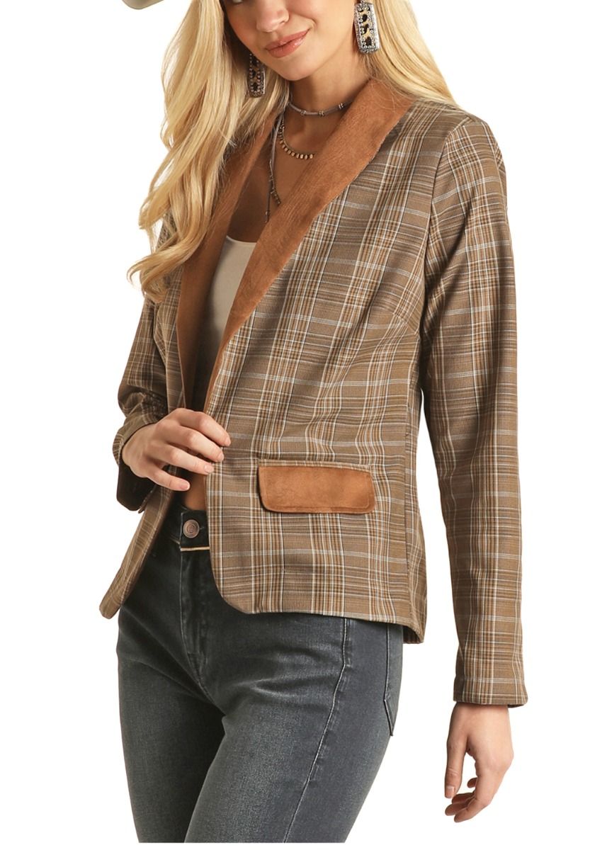 Women's Multi Plaid Blazer With Contrasting Suede By Rock And Roll Cowgirl 52-2339