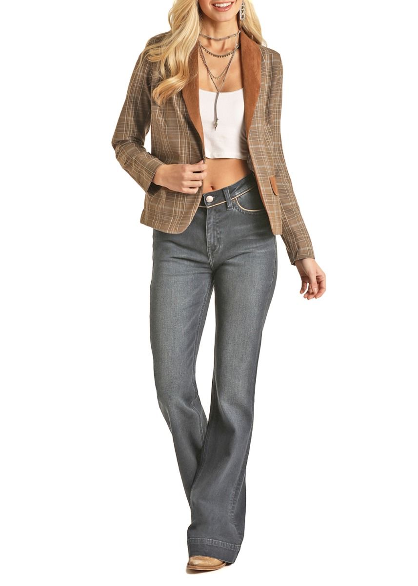 Women's Multi Plaid Blazer With Contrasting Suede By Rock And Roll Cowgirl 52-2339