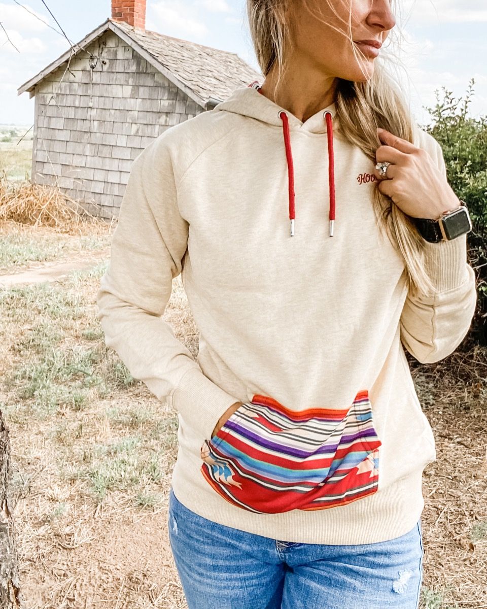 Hooey Ladies Cream Hoody with Multi Colored Aztec Kangaroo Pocket