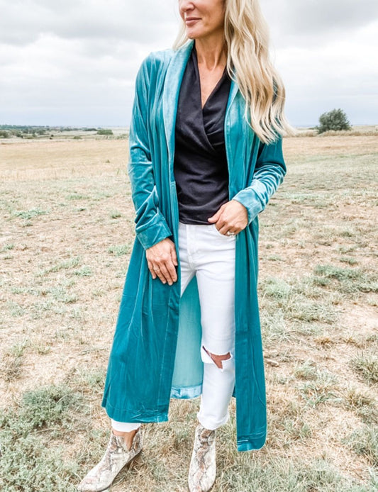 The Tate Turquoise Duster in Washed Velvet