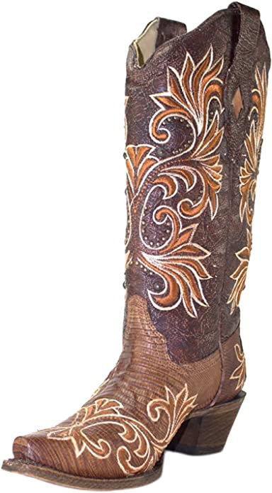 Corral Brown Lizard Embroidered and Studs Boots