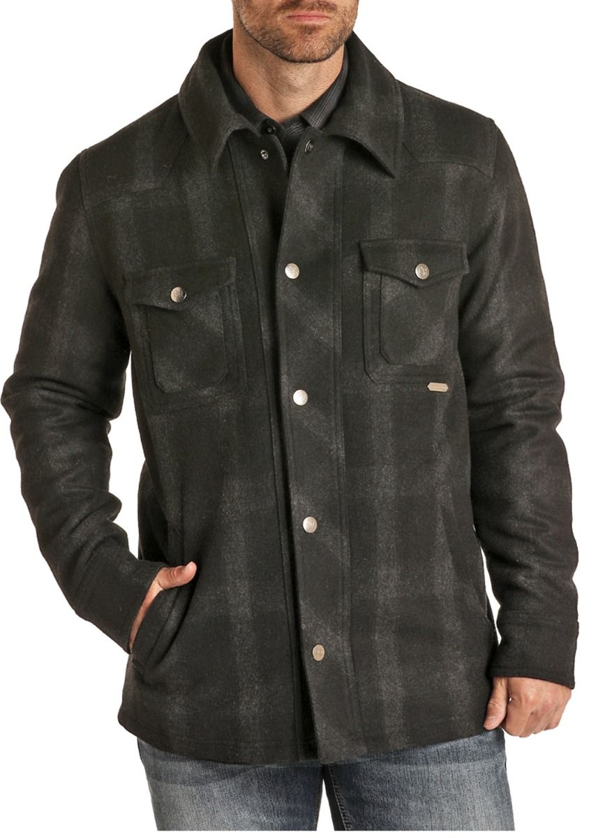 Men's Long Sleeve Charcoal Plaid Jacquard Commander Jacket 92-1007