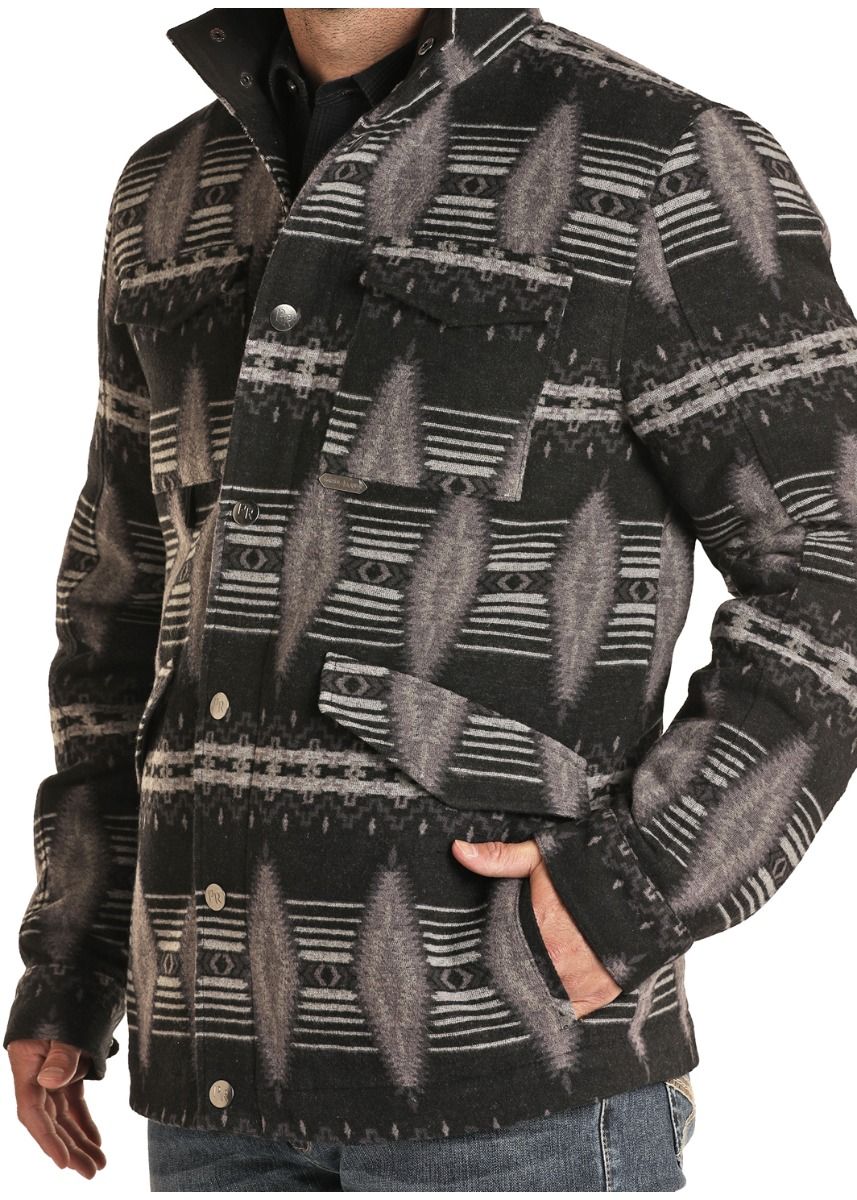 Men's Black Aztec Jacquard Horizontal Wool Coat With Micro Suede Trim Powder River Outfitters 92-1009