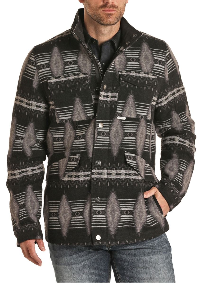 Men's Black Aztec Jacquard Horizontal Wool Coat With Micro Suede Trim Powder River Outfitters 92-1009