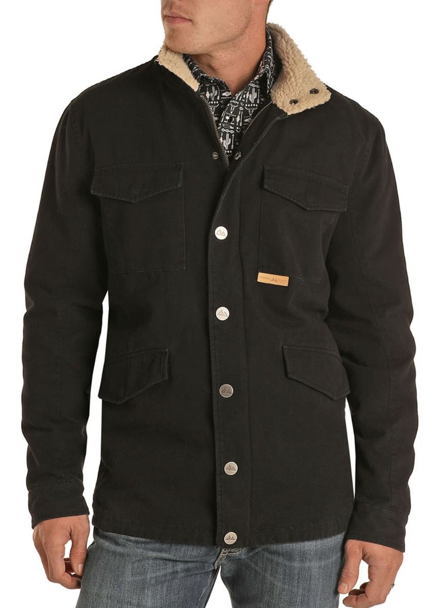 Men's Brushed Cotton Canvas Jacket With Berber Collar In Black 92-1025