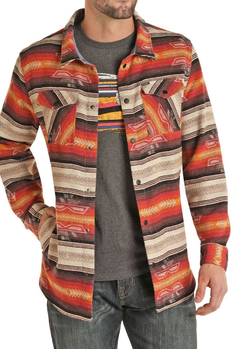 Rock And Roll Cowboy Aztec Jacquard Shirt Jacket  92-1116Orange