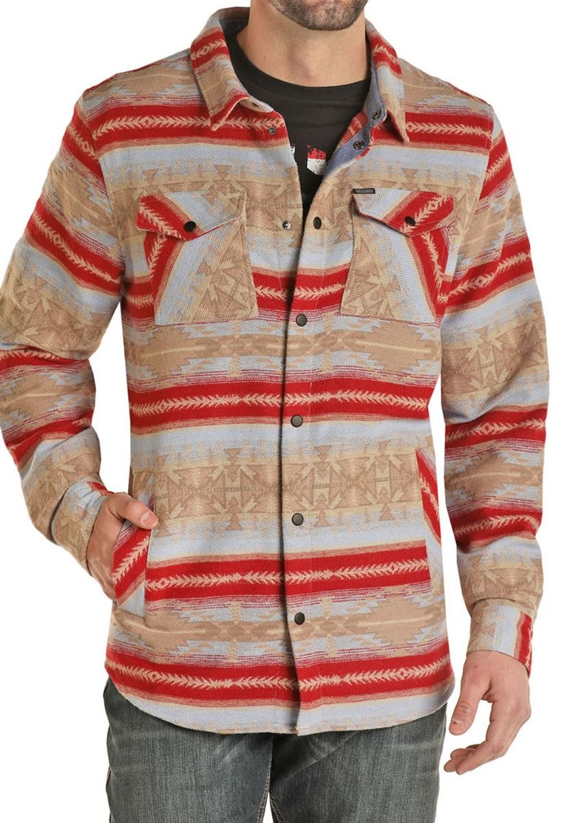 Men's Brushed Twill Aztec Jacquard Shirt Jacket In Stone By Rock And Roll 92-1118