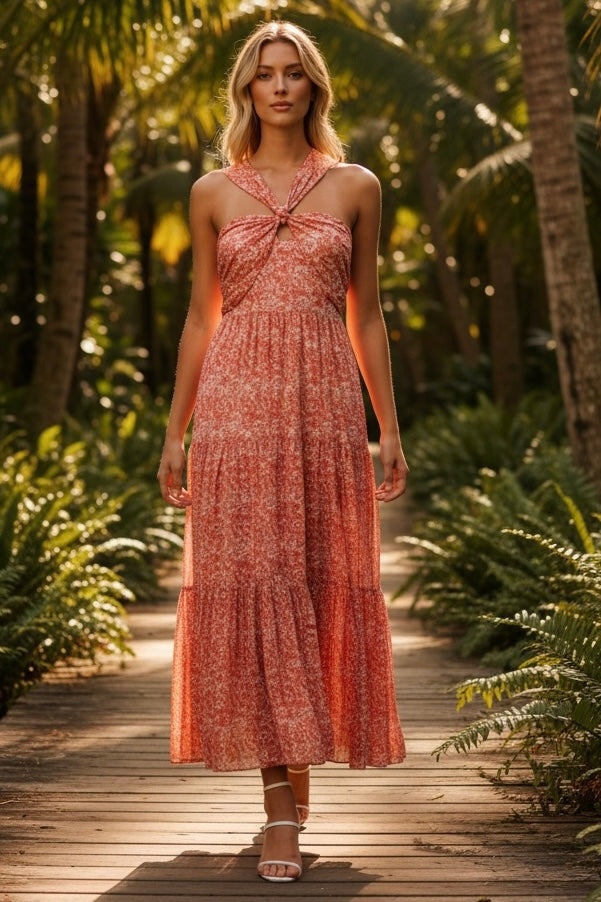 Ladies Coral Floral Print Criss Cross Halter Neck Dress