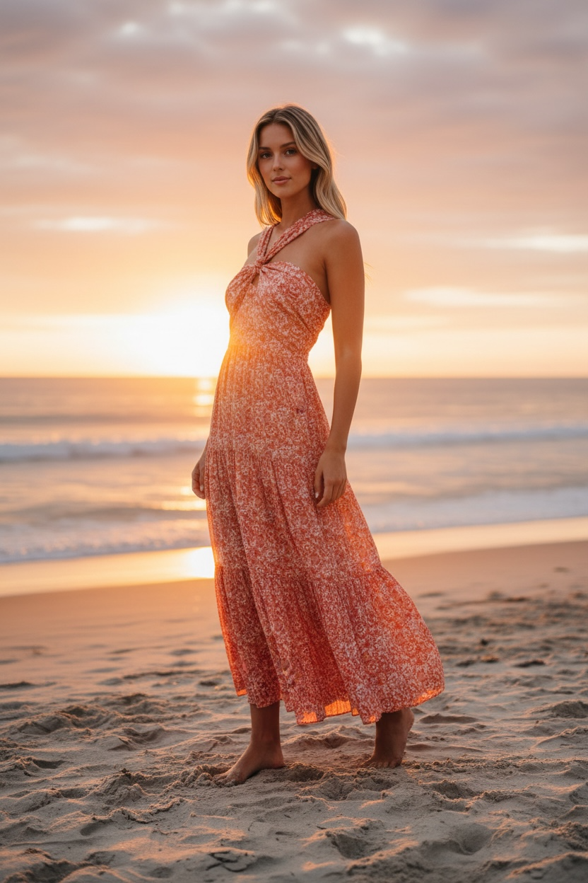 Ladies Coral Floral Print Criss Cross Halter Neck Dress