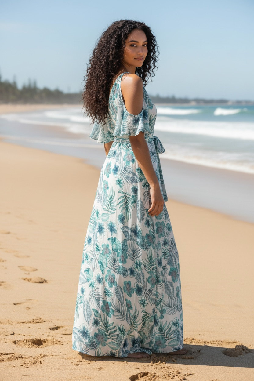 Ladies Tropical Floral Print Cold Shoulder Wrap Maxi Dress