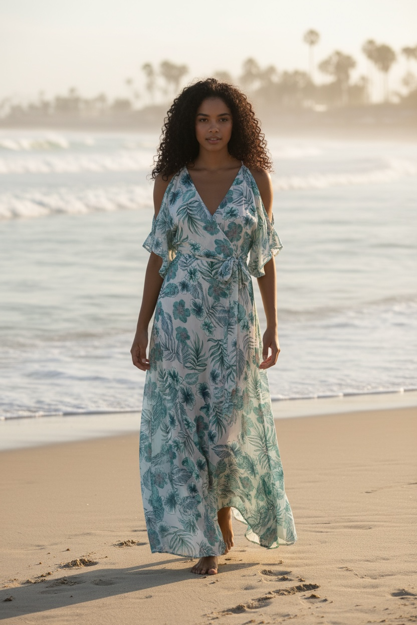 Ladies Tropical Floral Print Cold Shoulder Wrap Maxi Dress