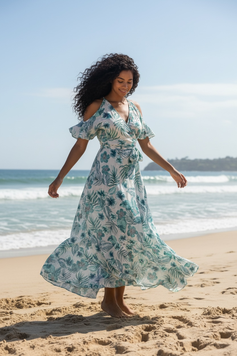 Ladies Tropical Floral Print Cold Shoulder Wrap Maxi Dress