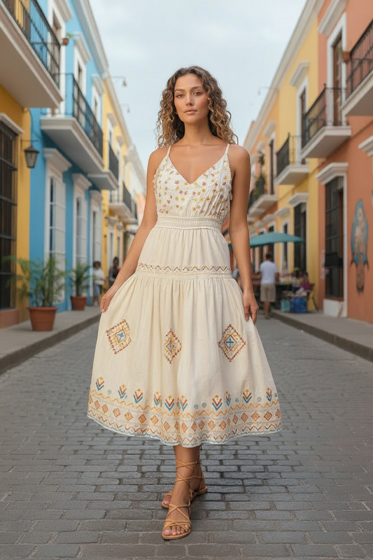 Embroidered Sleeveless Maxi Dress In Cream MD1495T