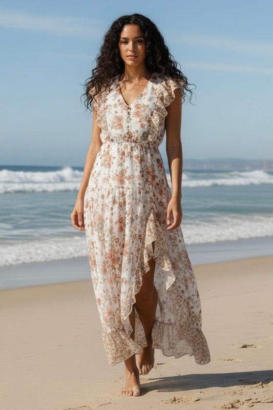 Sleeveless Floral Printed Ruffled Maxi Dress MD1616T