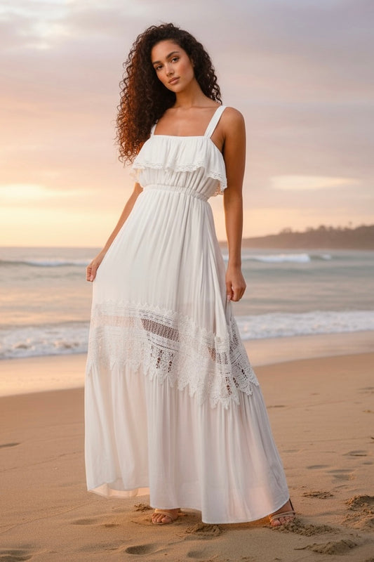 Ladies Off White Crochet Sleeveless Flounce Maxi Dress