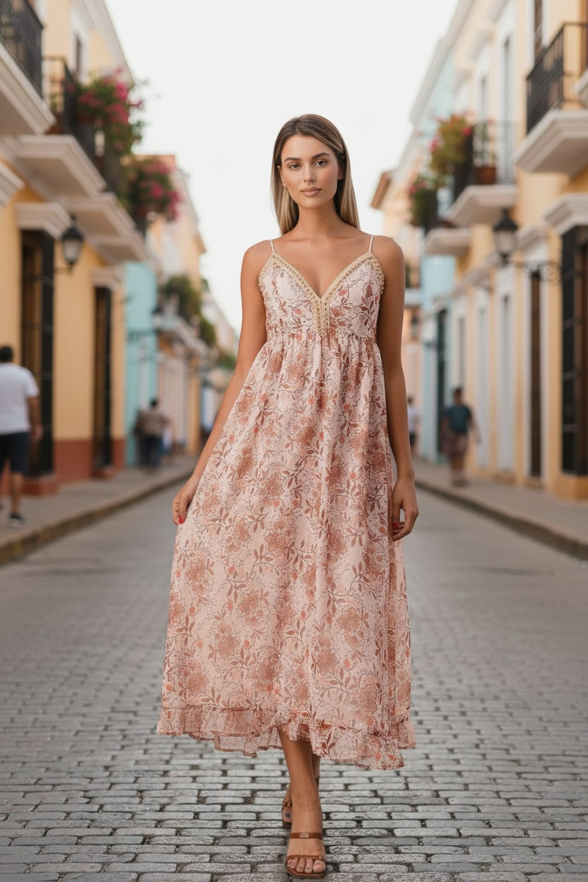 Miss Me WoodBeads Front Lace Up  Back Print Woven Dress