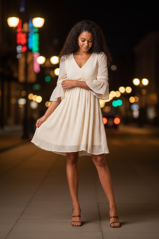 Miss Me Swiss Dot Bell Sleeve Woven Dress