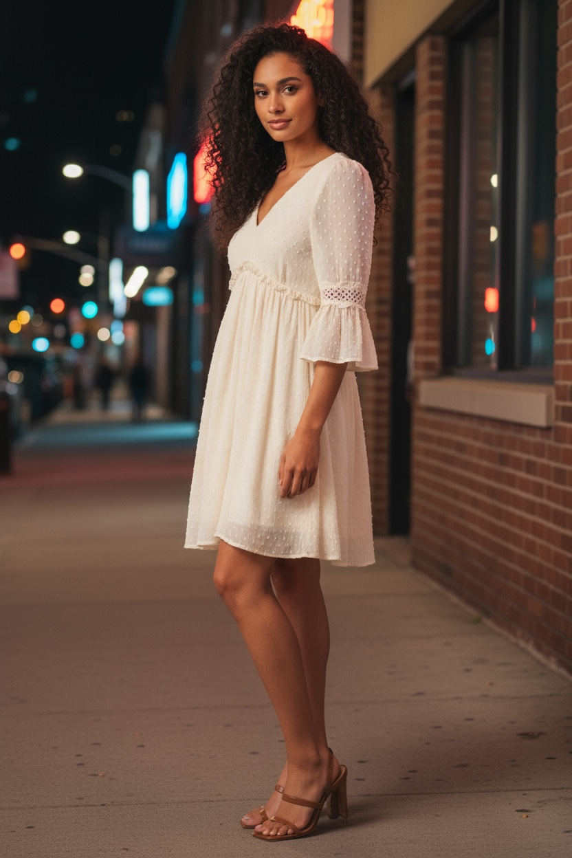 Miss Me Swiss Dot Bell Sleeve Woven Dress