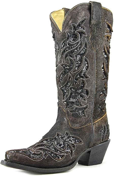 Ladies Corral Boots R1152 Brown with Black Sequin Inlay Embroidery~Studs~Western
