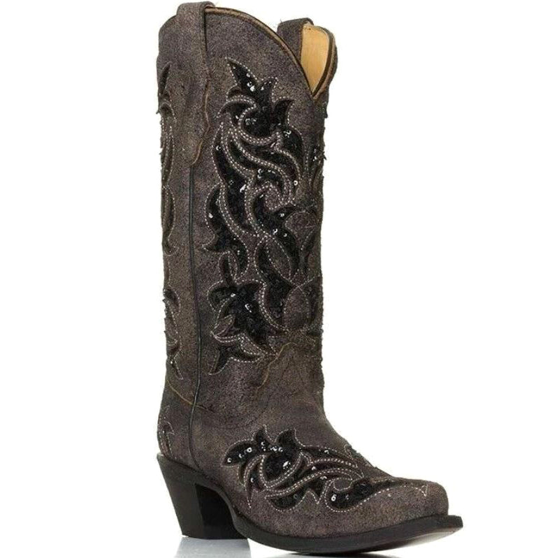 Ladies Corral Boots R1152 Brown with Black Sequin Inlay Embroidery~Studs~Western