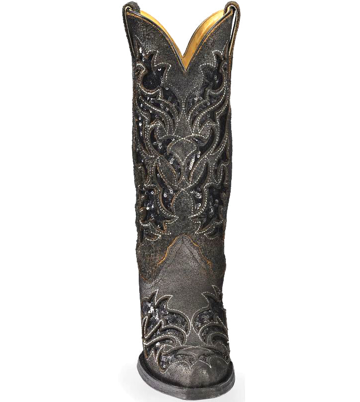 Ladies Corral Boots R1152 Brown with Black Sequin Inlay Embroidery~Studs~Western