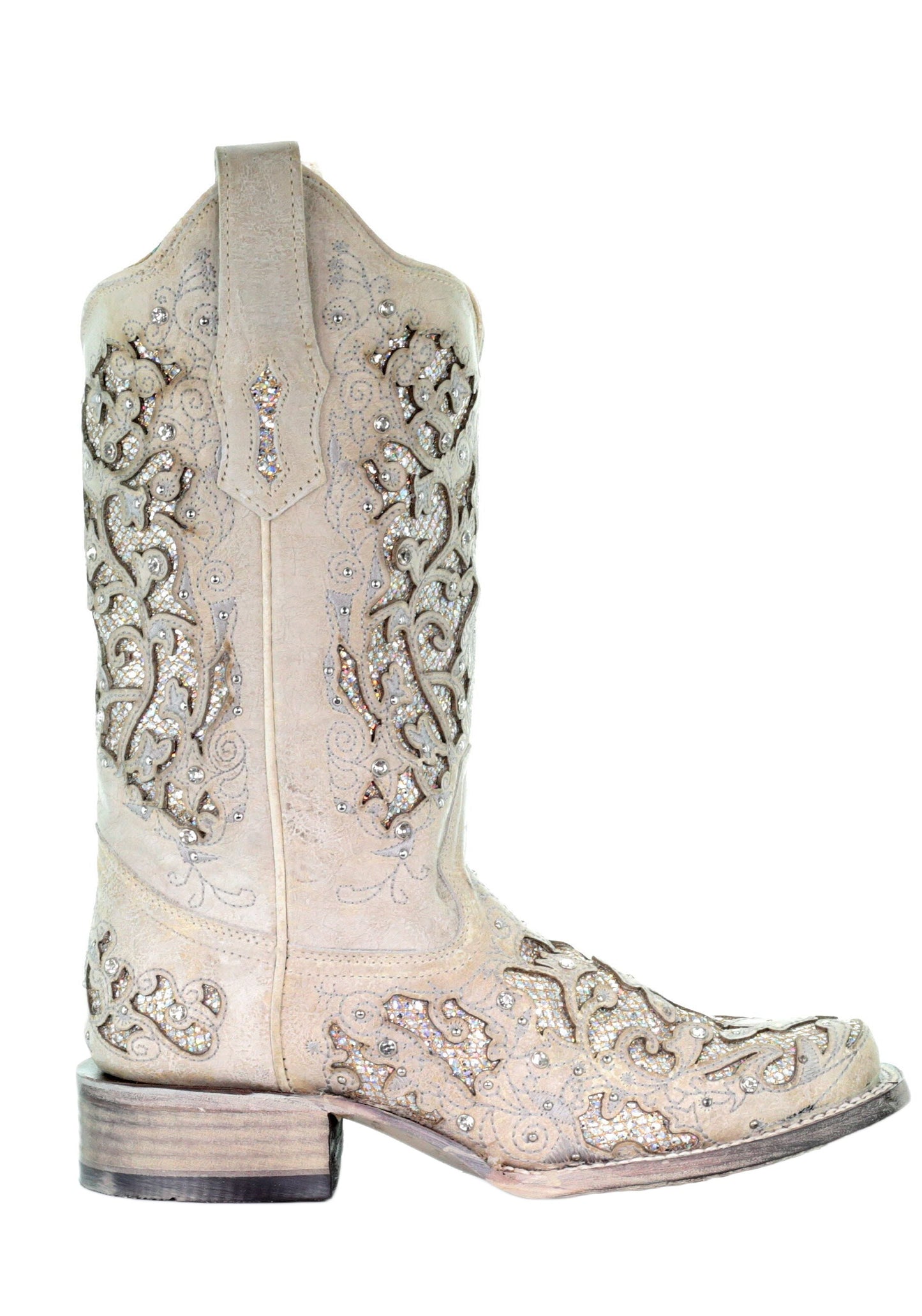 Corral White Leather Glitter Inlay Square Toe Boot with Crystals