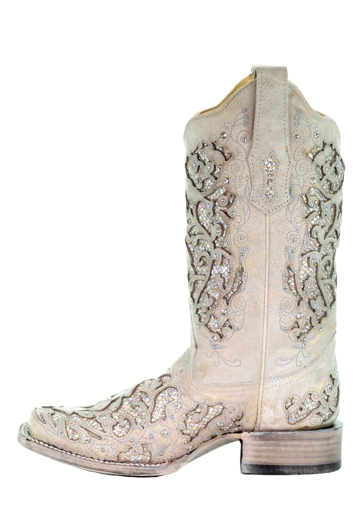 Corral White Leather Glitter Inlay Square Toe Boot with Crystals