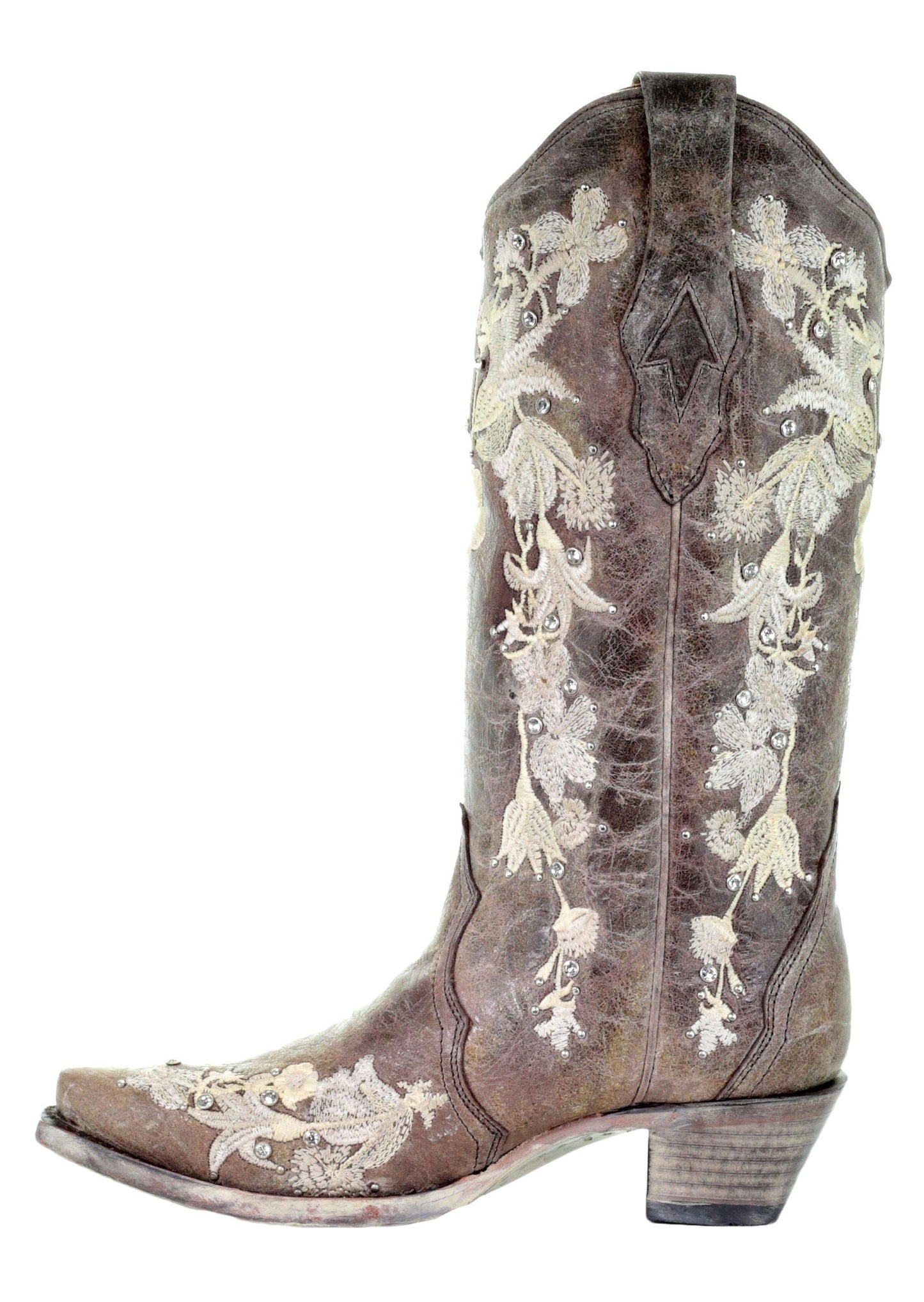 Corral Tobacco Floral Embroidered Crystal and Stud Boots