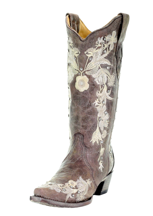 Corral Tobacco Floral Embroidered Crystal and Stud Boots