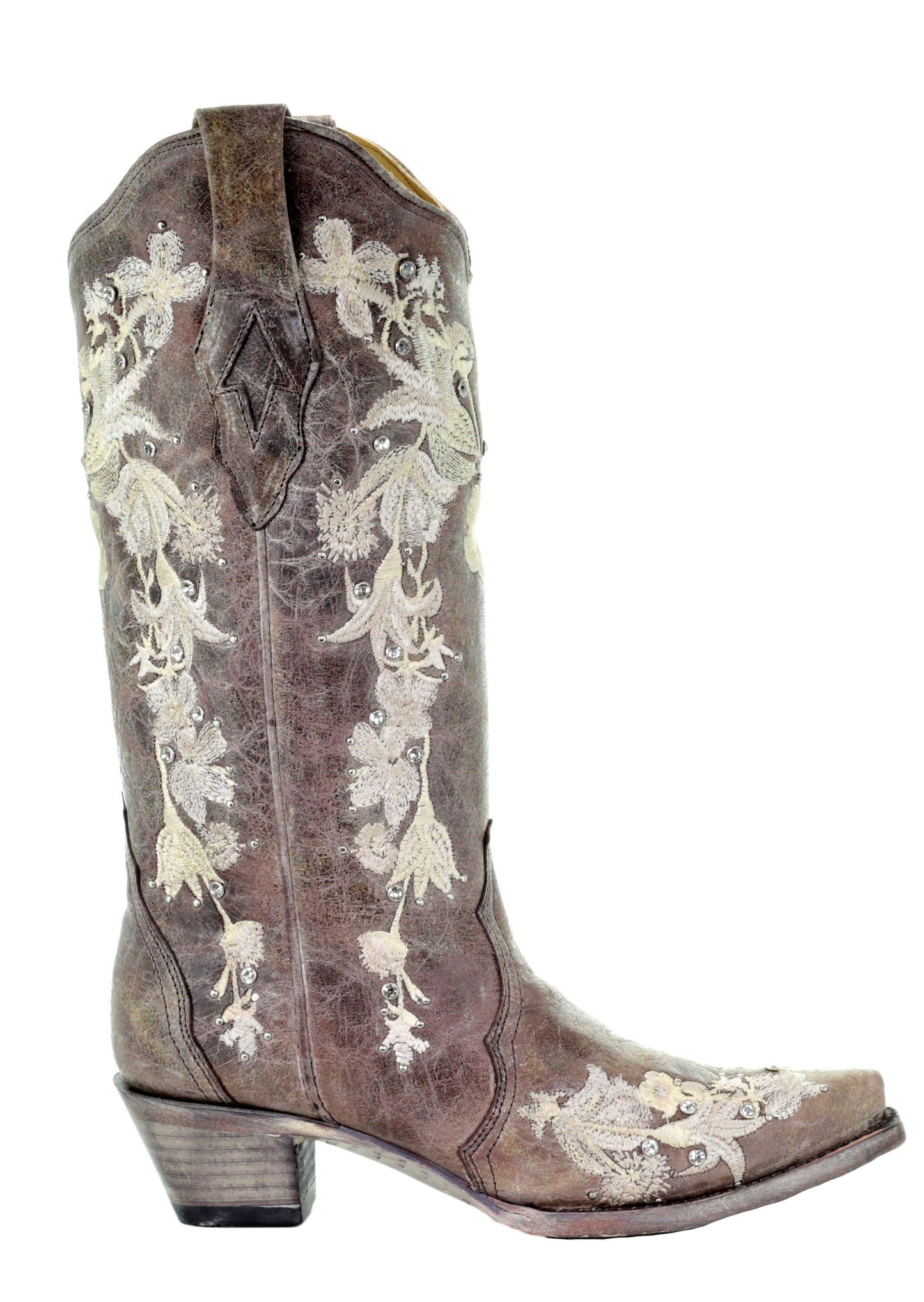 Corral Tobacco Floral Embroidered Crystal and Stud Boots