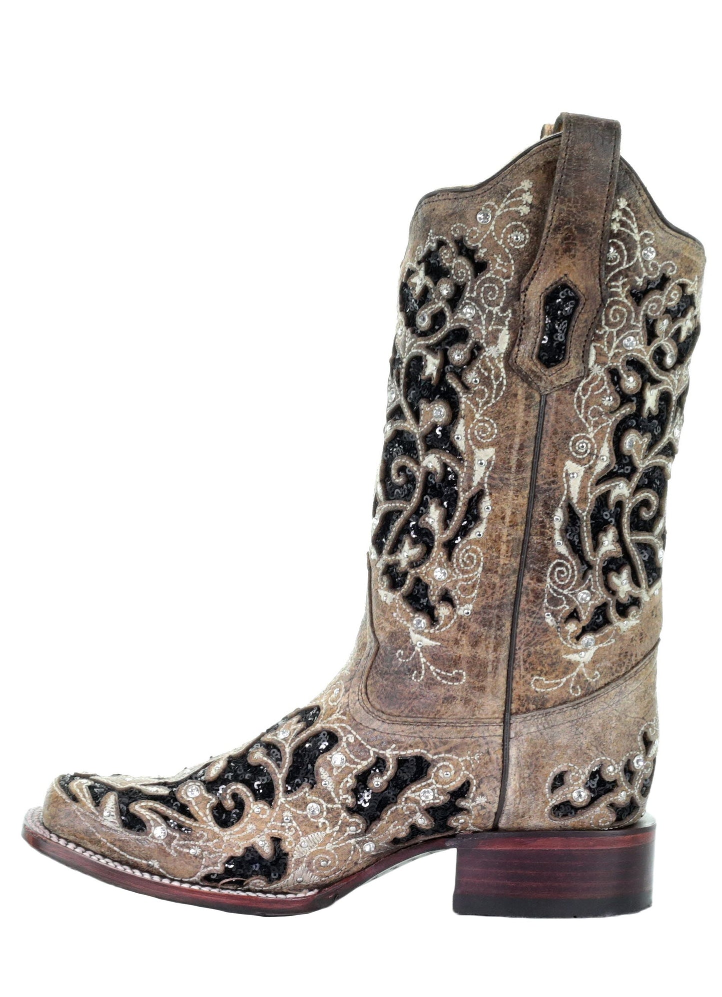 Corral Floral Embroidered Glitter Inlay and Studs Square Toe Boots