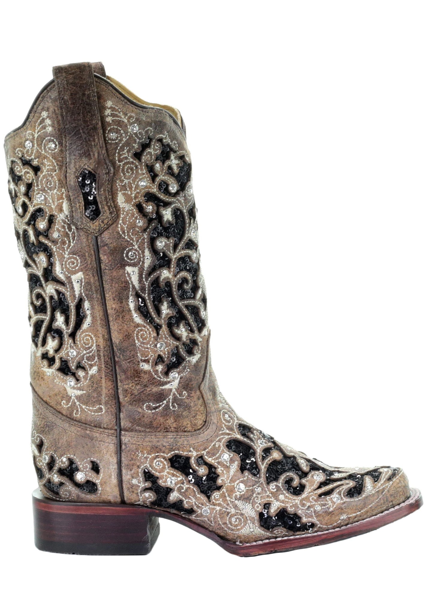 Corral Floral Embroidered Glitter Inlay and Studs Square Toe Boots