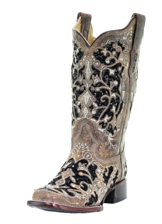 Corral Floral Embroidered Glitter Inlay and Studs Square Toe Boots