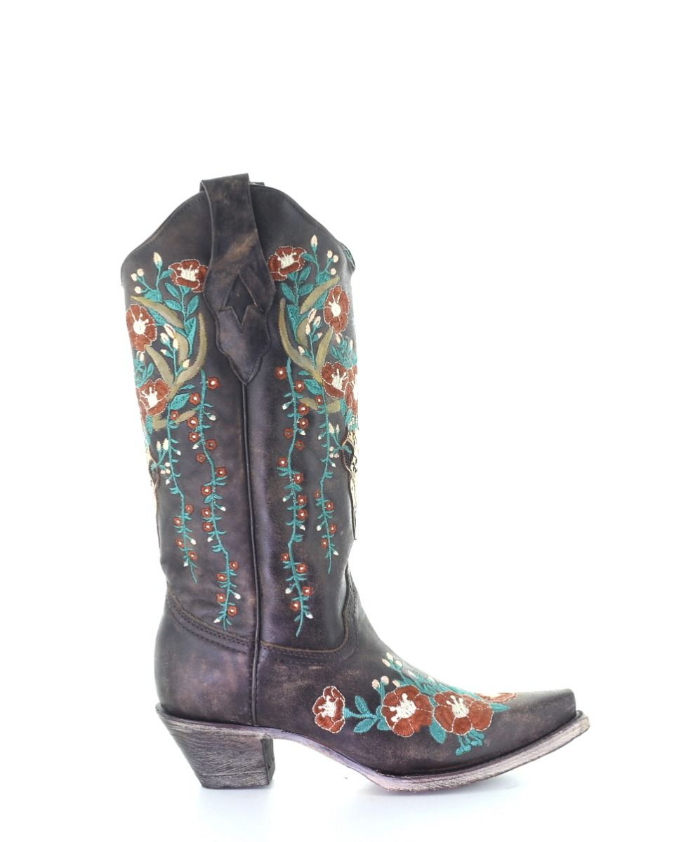 Corral Women's Brown Deer Skull Overlay Floral Embroidered Cowgirl Snip Toe Boots A3710