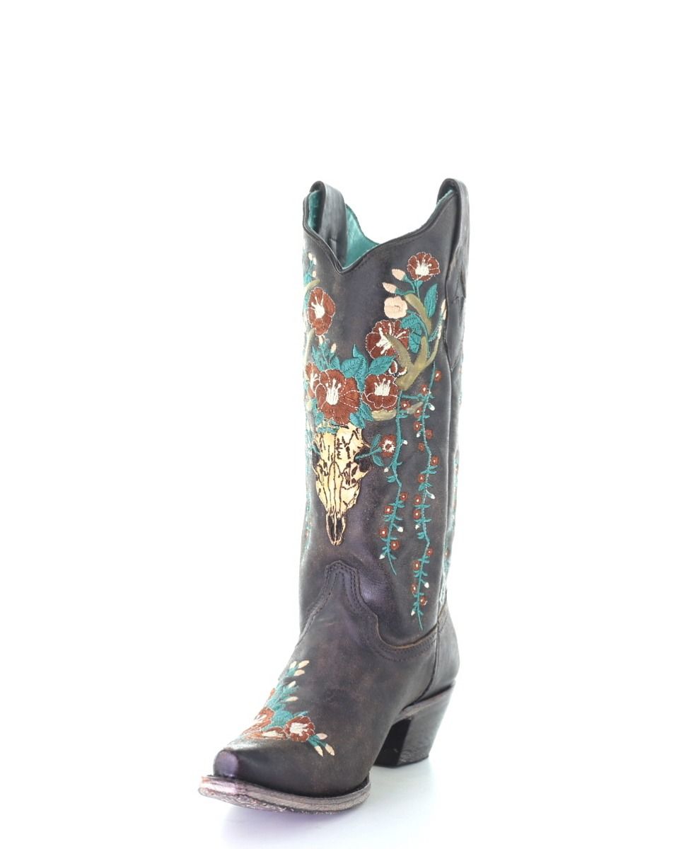 Corral Women's Brown Deer Skull Overlay Floral Embroidered Cowgirl Snip Toe Boots A3710