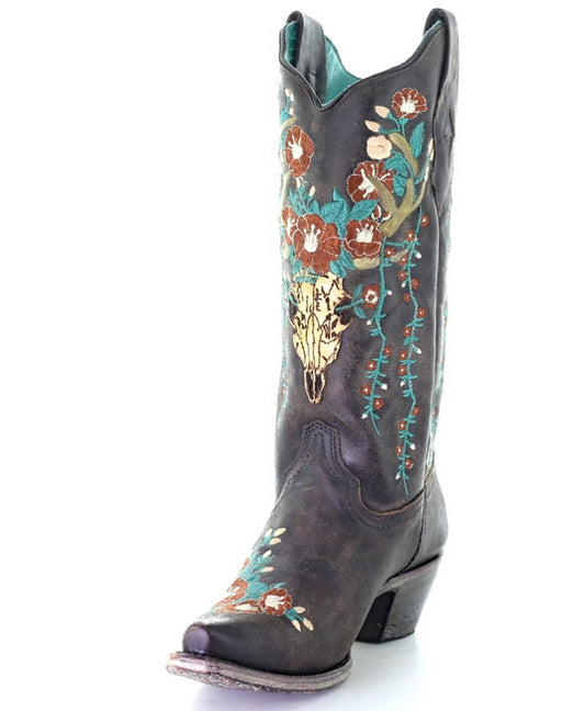 Corral Women's Brown Deer Skull Overlay Floral Embroidered Cowgirl Snip Toe Boots A3710