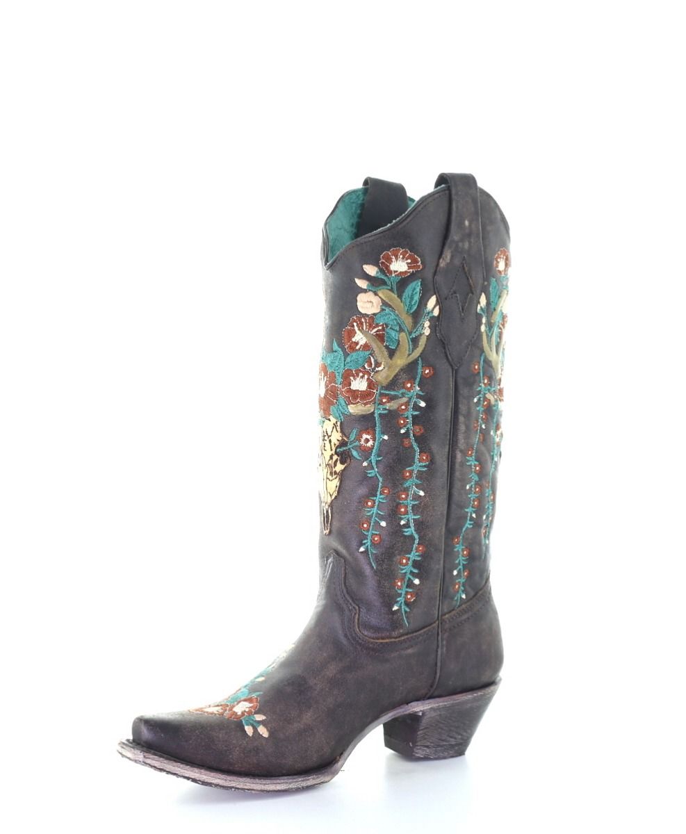 Corral Women's Brown Deer Skull Overlay Floral Embroidered Cowgirl Snip Toe Boots A3710