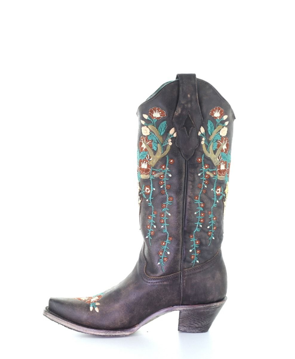 Corral Women's Brown Deer Skull Overlay Floral Embroidered Cowgirl Snip Toe Boots A3710