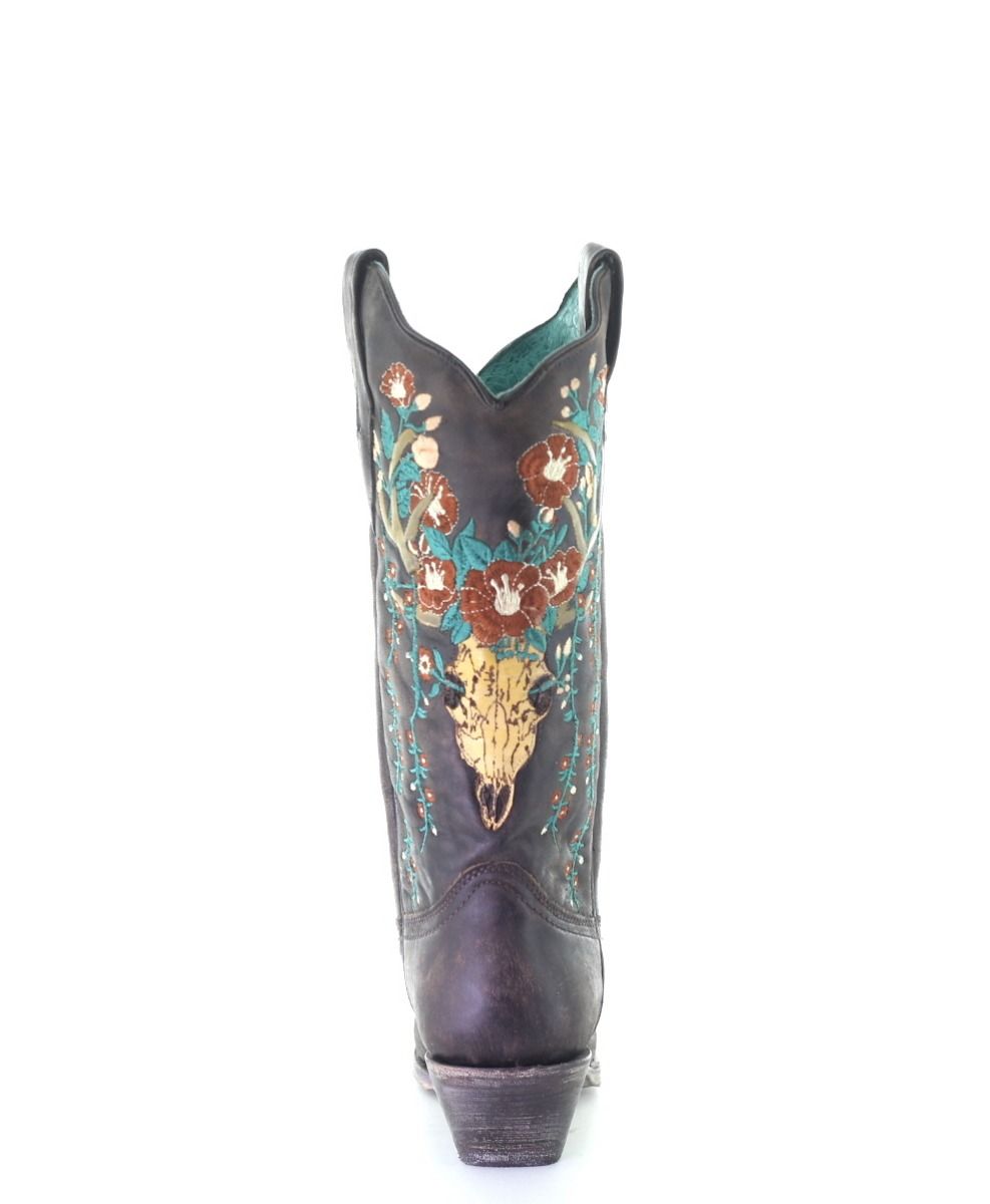 Corral Women's Brown Deer Skull Overlay Floral Embroidered Cowgirl Snip Toe Boots A3710